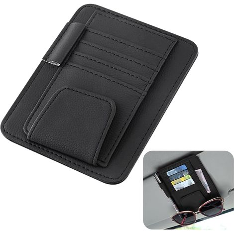 Porte-lunettes de voiture multifonctionnel avec porte-cartes à 4 voies, pince universelle pour lunettes de soleil, codes PIN et cartes de stationnement, simili cuir noir