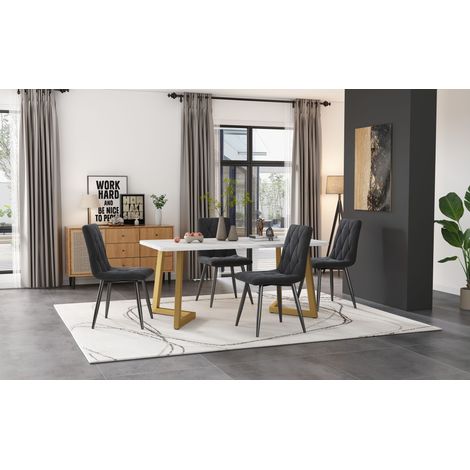 Ensemble table à manger 117×68 cm + 4 chaises velours gris foncé. Table rectangulaire pieds dorés,design moderne pour cuisine et salle à manger. (1/5)