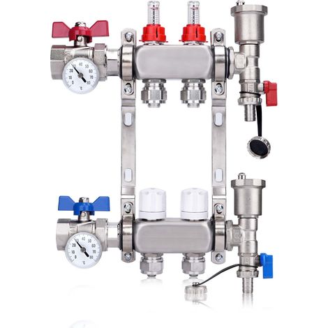 Kit Collecteur Radiateur, 2 Circuits Distributeur Chauffage, avec Thermomètreavec, avec Eurocône 3/4 (16 x 2 mm), Vannes à Boisseau Sphérique 1", avec Purgeur Manuel et Débitmètre, Distributeur HKV