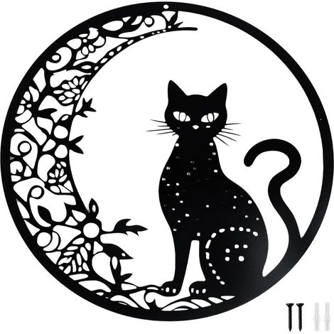 Décorations murales métalliques de 30 cm, décorations murales métalliques de la lune noire et du chat, silhouettes d'art animal adaptées au salon, à la chambre, au bureau, etc. (1/5)