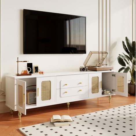 Meuble TV lowboard 175x38x55,5 cm en panneaux de bois blanc, avec rangement pour salon FloraGrace (1/5)