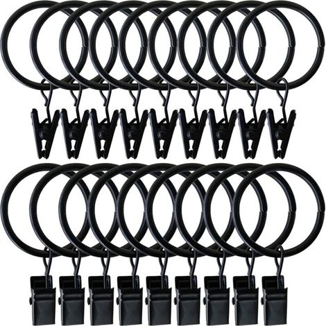 Anneaux de Rideaux, 20 Pièces Anneaux de Suspension de Draperie en Métal Noir avec Clips Crochets de Rideaux pour Fenêtre Chambre Salon Balcon Tringles à Rideaux (50 MM)