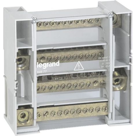 Legrand – Répartiteur modulaire tétrapolaire 250A – 12 connexions à vis – Montage rail DIN – 4 pôles – 9 modules – Protection contacts
