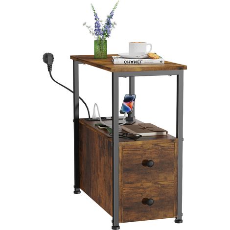 Table d'Appoint & Meuble Entrée Style Industriel – 2 Tiroirs + Étagère avec 2 Prises/USB – Organisation Multifonction 30x60x61cm (1/5)