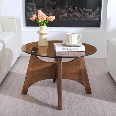 Table Basse Ronde en Verre Trempé et Bois Massif Noyer,Design Contemporain Pieds de Table en Forme de Croix Originaux.60x60x43 cm (Grande Taille) (1/5)