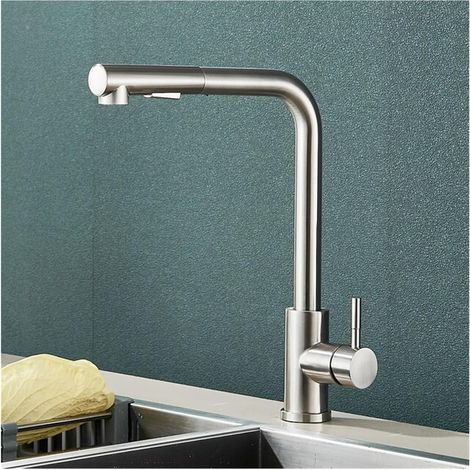 Robinet de cuisine, robinet d'évier avec douchette extractible, pivotant à 360°, acier inoxydable, avec tuyau d'arrivée, argent (1/4)