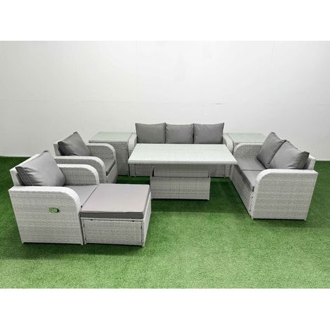 Fimous PE Rattan Garden Furniture Set Reclining Chair Sofa Double Love Seat 2 Seater Sofa Lounge Set Adjustable Lifting Dining or Coffee Table Big Footstool 2 Side Table Light Grey (1/5)