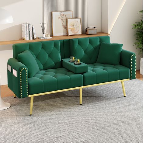 Schlafsofa 175 × 80 × 73,5 cm in Grün aus Samt mit verstellbarer Rückenlehne und Becherhalter (1/5)