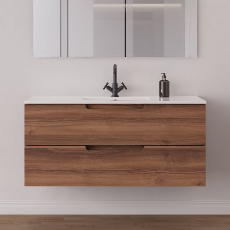 Meuble de salle de bain 120 cm simple vasque - 2 tiroirs - sans miroir - noyer (bois foncé) - SONRIZA (1/5)