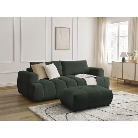 BOBOCHIC - Canapé droit convertible 3 places FUJI tissu lisse avec pouf Vert (1/5)