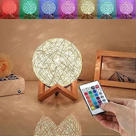 Lampe de chevet, veilleuse pour enfants - Lampe boule en rotin en forme de lune, globe LED de 15 cm avec base en bois massif, veilleuse LED à intensité variable avec R (1/5)
