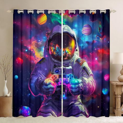 Rideaux de fenêtre motif astronaute pour gamer, rideaux réversibles pour fenêtre de jeu vidéo, galaxie, planètes, néon, décoration de chambre d'enfant, salle de jeux, arc-en-ciel, 117 x 183 cm - 46W72 (1/5)