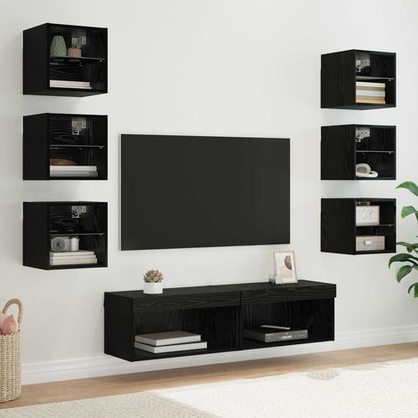 vidaXL  TV Cabinet  with LED Strip Lights 8 pcs Black Oak Glass