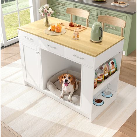 MODFU – Îlot de cuisine 120x60x90 cm MDF – 3 tiroirs, étagère réglable et espace animal – Charge 35 kg, boîte à couverts – Cuisine – Blanc (1/5)