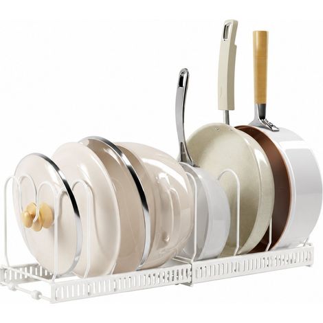 Étagère de rangement extensible pour bols et assiettes, blanc ivoire, 10 attaches, réglable, support pour casseroles de comptoir (1/5)