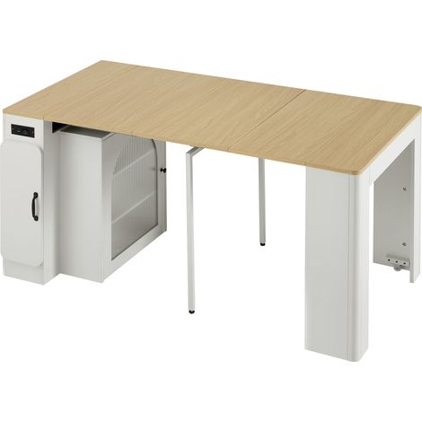 Table à manger extensible mobile avec rangement et éclairage LED, blanche et bois, pour cuisine et salle à manger (1/5)