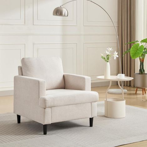Übergroßer Leinen-Akzentstuhl mit Holzbeinen, Beige (1/5)