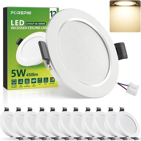 Spot LED Encastrable Extra Plat Blanc Froid 6000K, 5W IP44 Spots de Plafond Encastre Pour Salle de Bain, Cuisine, Salon - Trou Ø68-80mm, Lot de 6