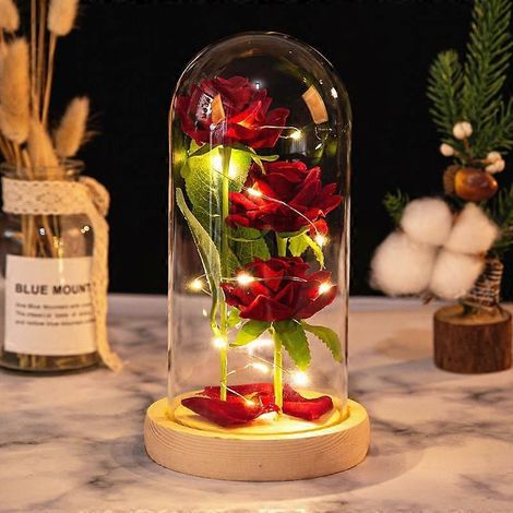 Bouquet de roses artificielles « Amoureux immortels » style simulation, bûche LED en verre, cadeau d'anniversaire, fleurs artificiellespétale beige (1/5)