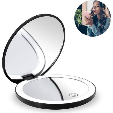 Miroir de maquillage lumineux compact et rechargeable, idéal pour les voyages, les sacs à main et les pochettes. Miroir grossissant x1 et x10, doté de 12 LED et d'un éclairage double face pliable. Cou