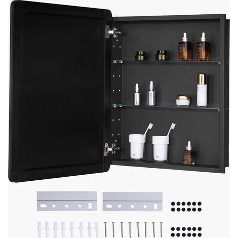 Armoire à pharmacie, 610 x 762 mm, placard de rangement de salle de bain pour médicaments, avec miroir, cadre en aluminium et étagères réglables à 2 couches, installation encastrée et murale (1/5)