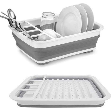 Égouttoir à vaisselle pliable et extensible gris-blanc, étagère de rangement pour la cuisine, égouttoir en plastique, panier à légumes, porte-bols, porte-assiettes, porte-baguettes et porte-couteaux (1/5)