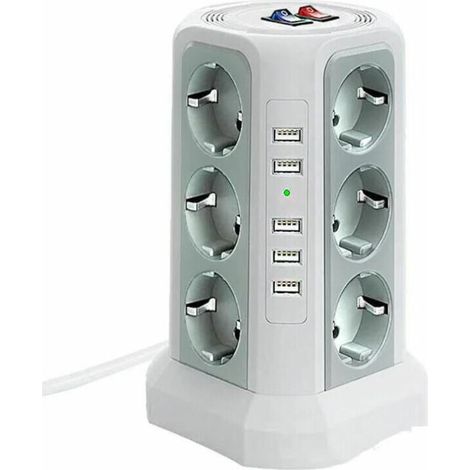 Surge Protector Power Strip with 5 USB Ports and 12 Outlets, Power Strip with 3 Switches, White MUMU (1/4)