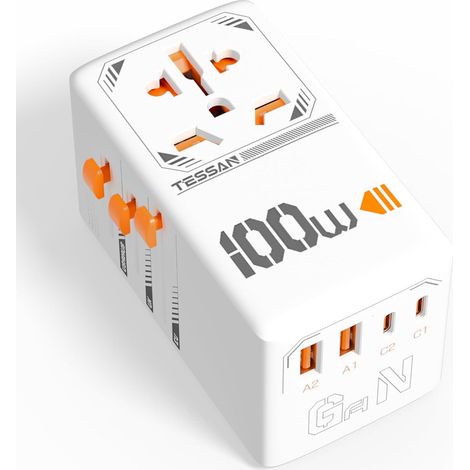 Adaptateur de voyage universel, prise 100 W avec ports de charge 2A2C, convertisseur de puissance, compatible avec les pays du monde entier, blanc (1/5)