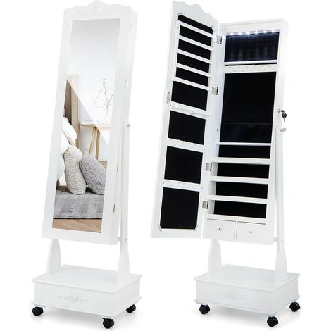 GOPLUS Armoire à Bijoux sur Pied à Roulettes Verrouillables avec Miroir Pleine Longueur,Lumières LED,Serrure à Clé,Blanc (1/4)