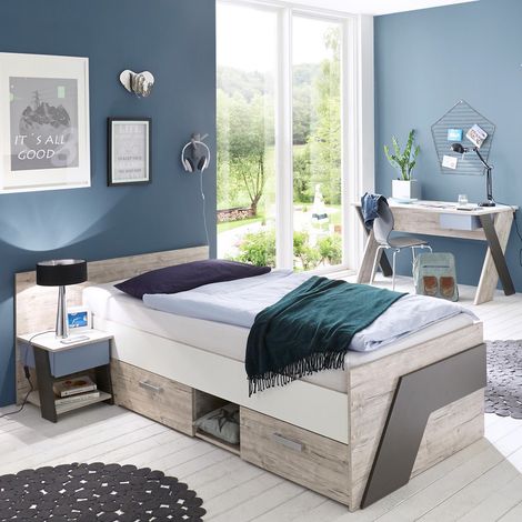 Jugendzimmer Set mit Schreibtisch 3-teilig LEEDS-10 in Sandeiche Nb. mit weiß, Lava und Denim Blau (1/3)