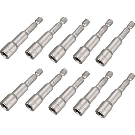 Lot de 10 douilles magnétiques 1/4" avec tige hexagonale - Pour perceuse, visseuse sans fil (7 x 65 mm) (1/5)