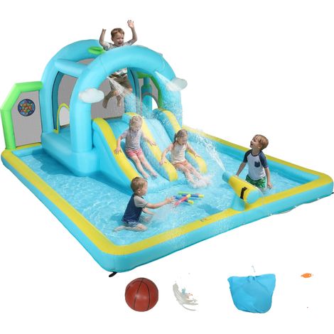 Château d'eau gonflable, 2 toboggans, trampoline, Bleu (1/2)