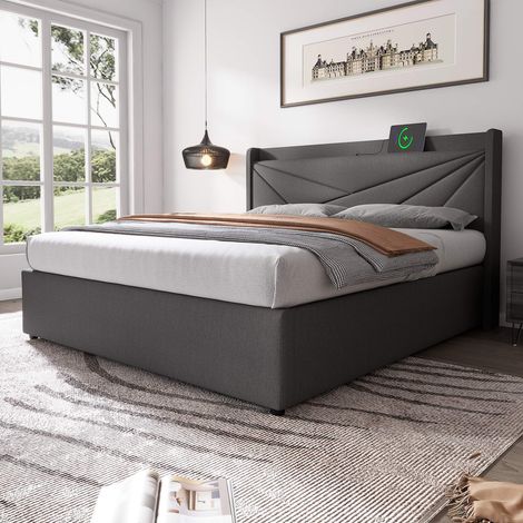 Lit coffre 180x200 cm, rangement sous le lit, tête de lit avec USB et USB-C, sommier à lattes, structure métal, lin gris, sans matelas (1/5)