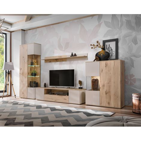 Ensemble meuble TV mural Catalina avec vitrine et éclairage LED - Bois MDF cachemire et chêne Viking - 320 x 197 x 45 cm - Livraison gratuite (1/4)
