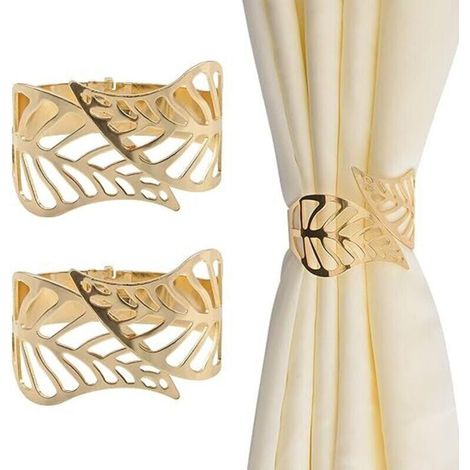 Curtain Tiebacks, 2 Pieces Creative Metal Curtain Rope Loops Hollow Leaf Decorative Curtain Clip Window Accessory for Home Office (Gold) (1/4)