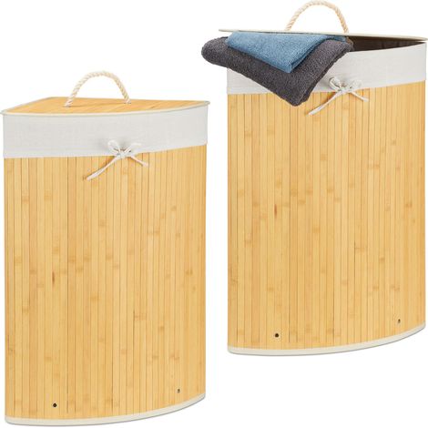 2x Cestos Ropa Sucia Esquinero, Cubo Colada Plegable con Tapa, Canasta, Bambú, 65 x 49,5 x 37 cm, Crema