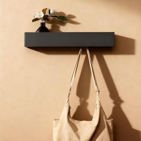 Porte-manteau mural de 43,5 cm avec étagère, 5 crochets dissimulés, crochets en bois et en métal, discret, pour entrée, chambre, salle de bain et salon, noir (1/5)