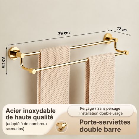 Porte-serviettes mural tout en cuivre doré double barre 40 cm pour salle de bain étagère rangement fixation murale – Livraison gratuite (1/2)