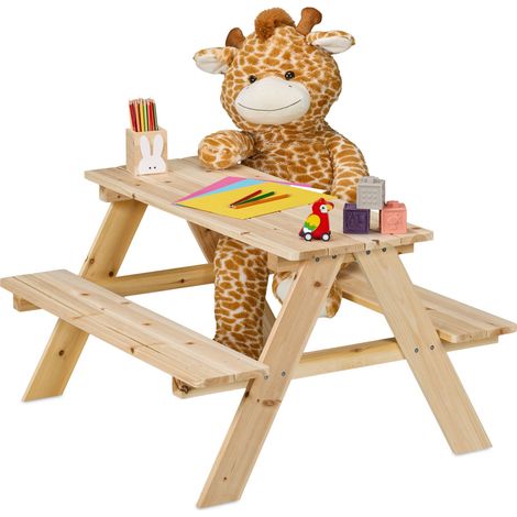 Relaxdays Children's Picnic Table, Garden Bench for Kids, HWD: 51 x 90 x 78 cm, Seating for 4 Kids, Wood, Natural (1/5)