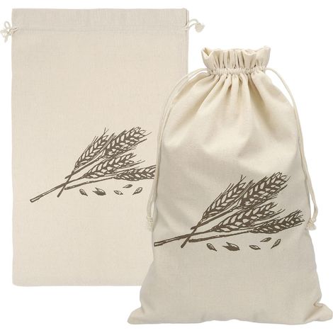 Lot de 2 sacs à pain réutilisables, 45 x 30 cm, en lin pour aliments faits maison, cire d'abeille, cordon de serrage, imprimé blé (1/5)