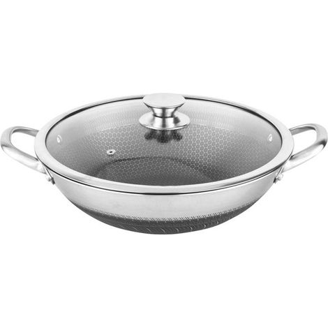 Wok 32cm - CHEFFINGER - Inox - Revêtement Nid d'Abeille - Couvercle en Verre - Anti-rayures