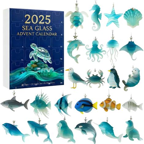 Calendario De Adviento - Adornos Animales Marinos - Vidrio De Mar - Decoración Navideña Costera - 24 Piezas (1/5)