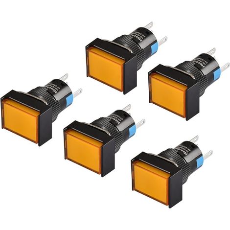 Lot de 5 boutons poussoirs rectangulaires 16 mm 1 NO 1 NC 5 broches 12 V Lampe LED, Orange, 5