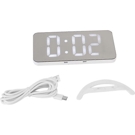 Réveil de bureau à affichage numérique LED avec miroir et fonction de gradation automatique. Réveil multifonctionnel, design moderne, alimenté par USB, blanc. (1/5)