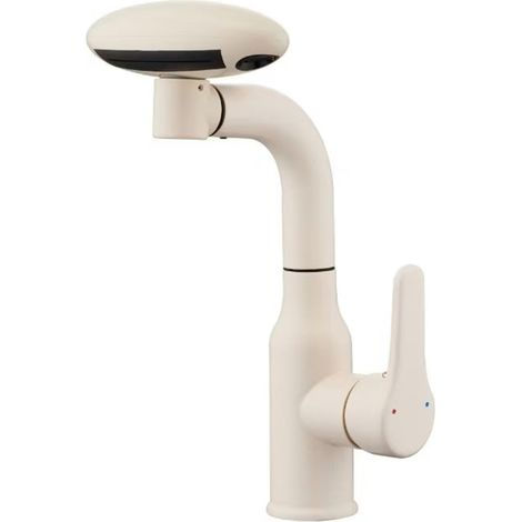 Robinet Lavabo Salle de Bain avec Douchette Extractible Pivotant a 360° 4 Mode Mitigeur Cascade Lavabo,Blanc Lait (1/4)