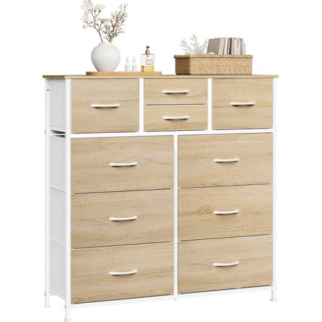 Commode à 10 Tiroirs en Tissu WOLTU, Meuble Rangement, Cadre en Métal, 100x30x100cm, Chêne Clair + Blanc