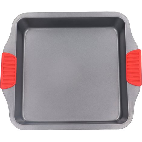 Plaque de cuisson en acier au carbone avec poignées silicone rouge, revêtement antiadhésif, design surélevé et lavable au lave-vaisselle - Moule carré pour four