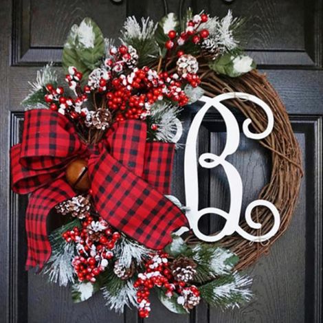 Guirlande De Noël - Guirlande En Rotin Et Pvc Avec Lettre B - Pour Porte D'Entrée Intérieure Ou Extérieure - Diamètre 30 Cm - 1 Pièce (1/4)