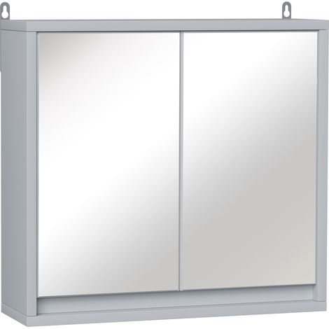 Armadietto Bagno con Specchio a 2 Ante, Specchio Bagno Contenitore con Ripiano Regolabile in Legno, 48x14.5x45cm, Grigio