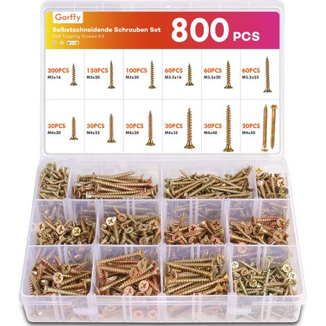 Lot de 800 vis à bois autotaraudeuses à tête fraisée, assortiment de vis à bois avec boîte de rangement pour projet de bricolage, réparation (1/5)